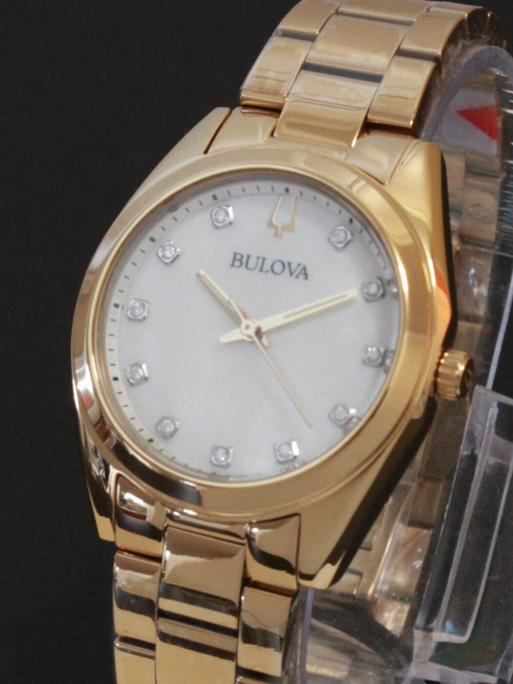 Bulova Ladies Surveyor Quartz Watch Diamond Indices MOP Dial Gold Tone 31mm - Picture 7 of 12